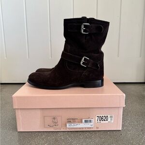 Prada Dark Brown Suede Moto Boots Size 38 / 7.5